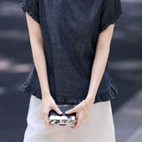 Casual Commuter Denim Ruffled Flutter Sleeve Crew Neck Blouse