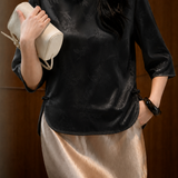 Elegant Commuter Crew Neck Satin Jacquard Three-Quarter Sleeve Blouse