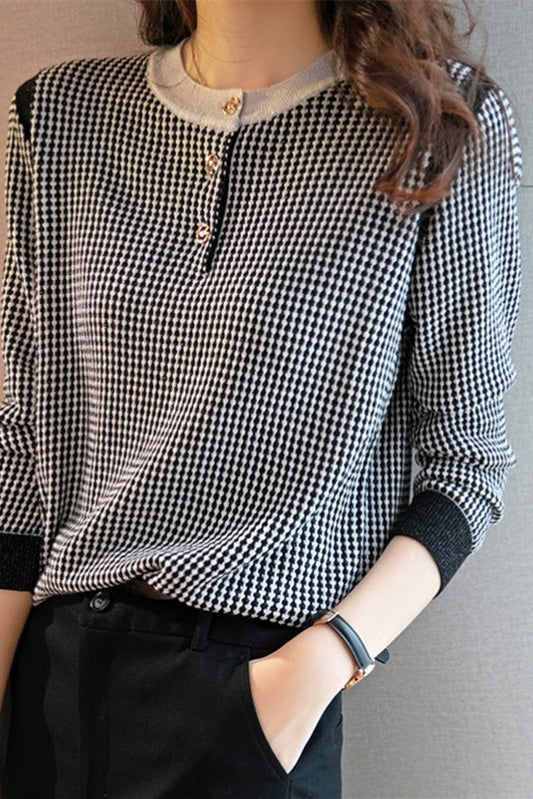 Round Neck Slit Opening Check Knit - 2 Colors Available - liwisi