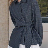 Elegant Casual Lapel Tie Waist Plaid Long-Sleeve Blouse