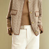 Elegant Color Contrast Round Neck Single Breasted Long Sleeve Outerwear