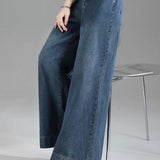 Casual High‑Waisted Washed Wide‑Leg Denim Trousers