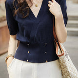 Elegant Commuter V-Neck Double Breasted Gold Button Waist-Cinched Knit Top