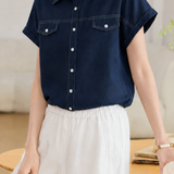French Commuter Stitched Lapel Short-Sleeve Linen Blouse