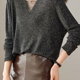 Exquisite Elegant V-Neck Glitter Lurex Long Sleeve Knit Top