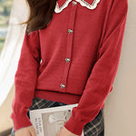 Exquisite Lace Ribbon Lapel Knit Sweater - liwisi