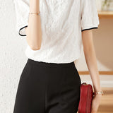 Round Neck Floral Jacquard Sheer Blouse