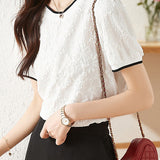 Round Neck Floral Jacquard Sheer Blouse