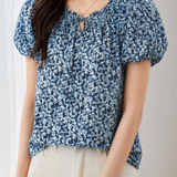 Fresh Floral Shirt With Gathered Detailing, Waist Tie And Puffed Short Sleeves