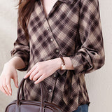 Vintage Elegant Lapel V-Neck Tie Long Sleeve Plaid Shirt