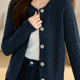 Casual Commuter Grid Texture Crew Neck Single-Breasted Knit Cardigan