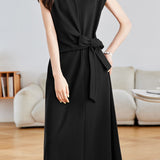 Elegant Commuter Crew Neck Cap Sleeve Side Tie Waist-Cinched Dress
