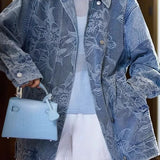 Casual Vintage Washed Floral Textured Raw Edge Denim Jacket