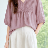 Casual Accordion Pleat V-Neck Cotton Linen Top