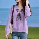 Elegant Polo Collar Printed Scarf Sash Knit Sweater