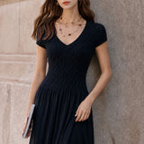 French Elegant V-Neck Full Skirt Short-Sleeve Knit Dress