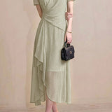 Exquisite Date V-Neck Waist-Cinched Short-Sleeve Irregular Dress