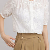 Elegant French 3D Jacquard Crew Neck Short-Sleeve Blouse