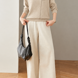 Elegant Round Neck Seamed Ribbed Long Sleeve Knit Top