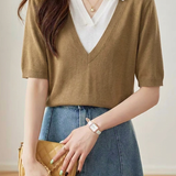 Casual Fake Two-Piece Lapel Mid-Sleeve Knit Top