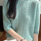 Elegant Commuter Crew Neck Cable Knit Pullover Five-Quarter Sleeve Top