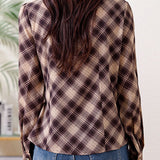 Vintage Elegant Lapel V-Neck Tie Long Sleeve Plaid Shirt