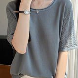Elegant Tencel Lyocell Hollow-Out Cuffed Crew Neck Knit Top