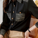 Translated Collar and Full Button Chest Pocket Elegant Color Block Shirt