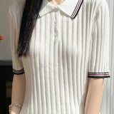Elegant Color Block Polo Neck Short Sleeve Knit Top