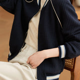 Casual Waffle Baseball Collar Color‑Block Striped Jacket