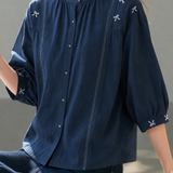 Temperament Bow Embroidery Short Sleeve Blouse