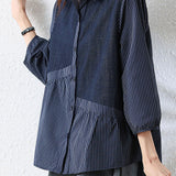 Elegant Casual Striped Lapel Irregular Spliced Seven-Quarter Sleeve Blouse