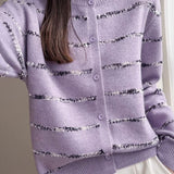 Elegant French Crew Neck Striped Long-Sleeve Knit Cardigan