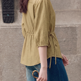 Elegant Commuter Tie Waist Lapel Seven-Quarter Sleeve Blouse