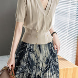 Elegant Commuter V-Neck Double Breasted Gold Button Waist-Cinched Knit Top