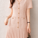 Elegant Commuter V-Neck Lace Pearl Button Pleated Dress