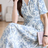 French Elegant Waist-cinched Blue and White Porcelain Printed Tie Split Dress