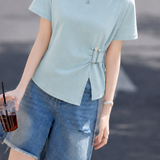 Casual Commuter Crew Neck U-Buckle Ring Waist-Cinched Irregular Plus-Size T-Shirt