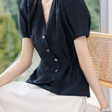 Casual Commuter Ruched Asymmetric Placket Tie Waist Blouse