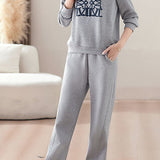 Casual Fake Lapel Printed Sweatshirt & High Waist Elastic Wide Leg Pants Set