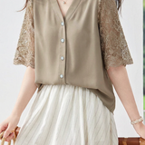 Elegant Lace Spliced Flare Sleeve Blouse