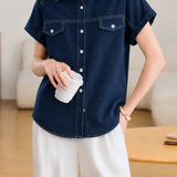 French Commuter Stitched Lapel Short-Sleeve Linen Blouse