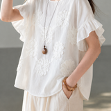 French Elegant 3D Floral Lace Sleeve Spliced Crew Neck Short-Sleeve Blouse