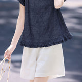 Casual Commuter Denim Ruffled Flutter Sleeve Crew Neck Blouse
