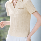 Elegant Commuter Wavy Hollow Contrast Polo Neck T-Shirt