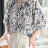 Vintage Floral Print Shirt With Ruffled Trim And Waist Tie