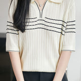 Sophisticated Commuter Polo Collar Striped Tencel Half-Sleeve Knit Top