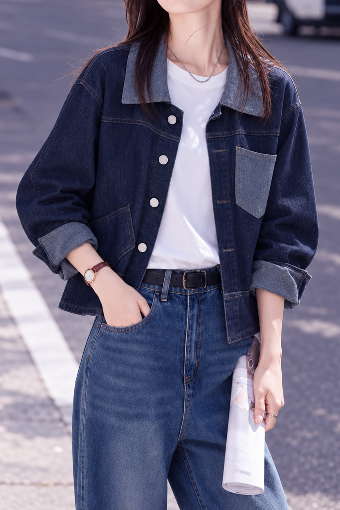 Casual Color‑Block Lapel Long Sleeve Denim Jacket - liwisi