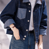 Casual Color‑Block Lapel Long Sleeve Denim Jacket