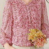 Exquisite Commuter Ruffled Stand‑Collared Floral Long‑Sleeve Shirt